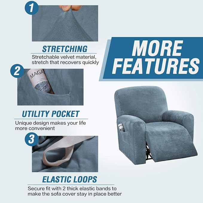 H.VERSAILTEX Velvet Stretch Recliner Couch Covers 4-Pieces Style Recliner Chair - Image 4