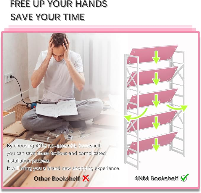 4NM Extra Wide 5 Tiers No Assembly Book Shelves, 51.2" H Folding Bookshelf - Image 7