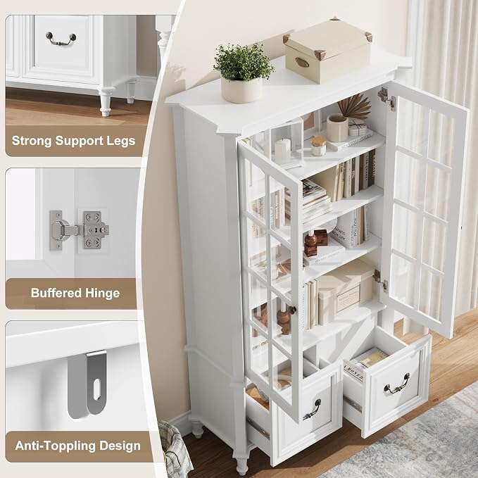 QUW 63" Tall Bookshelf with Glass Doors and Solid Wood Legs, Modern Book Shelf - Image 7