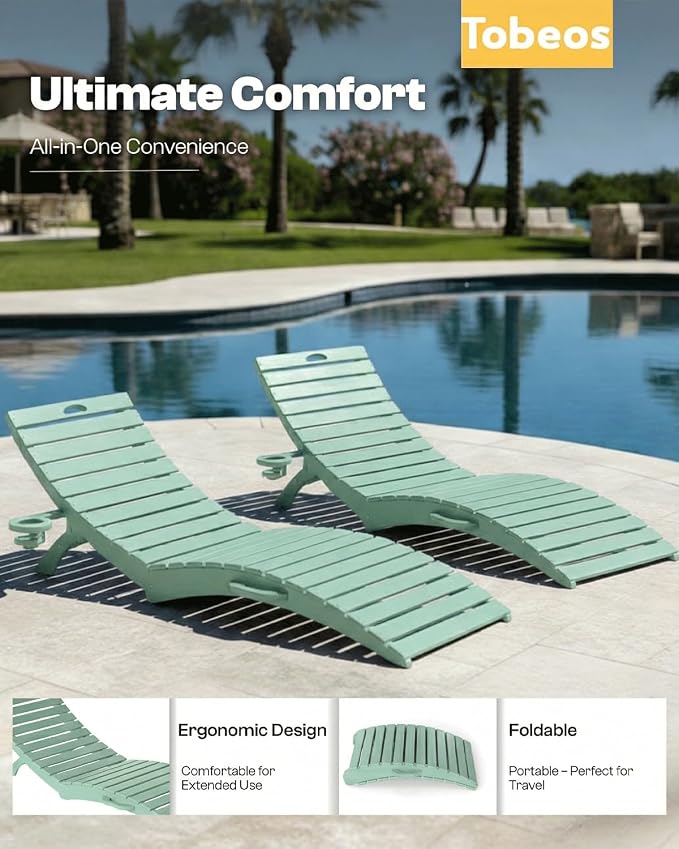 Folding HDPE Pool Lounge Chairs Set of 6, Pre-Assembled Outdoor Chaise Lounge - Image 4