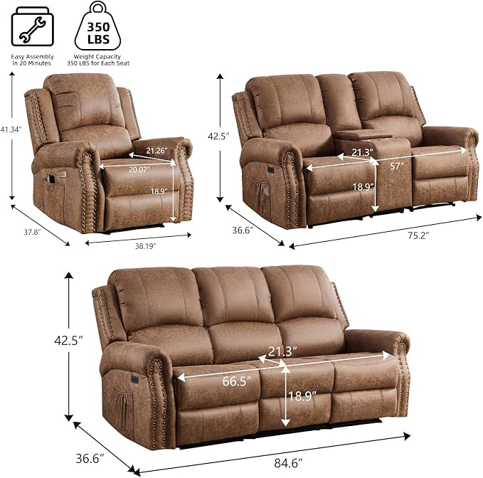 EBELLO Faux Leather Power Recliner Sofa Furniture Set, Included Electric - Image 2