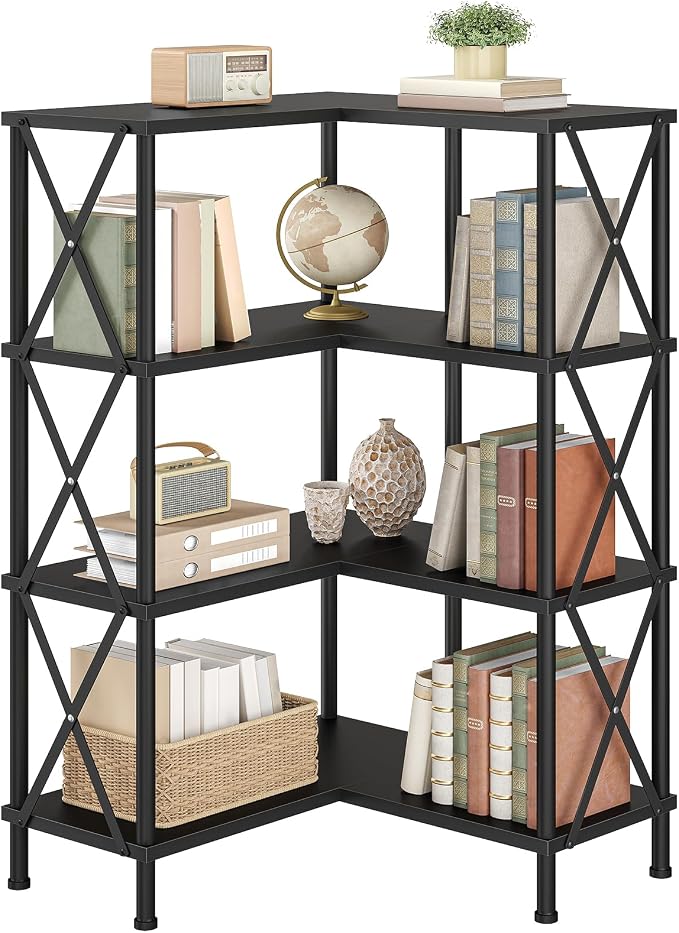HOOBRO Corner Bookshelf, 4-Tier L-Shaped Bookcase, Industrial Open Display - Image 8