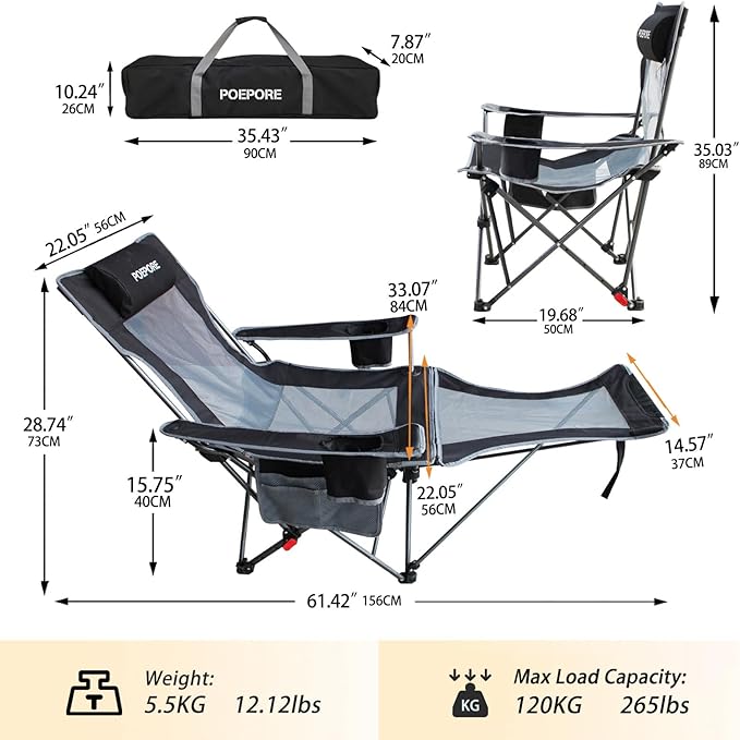 Reclining Camping Chair with Removable Footrest Lounge Chair with Headrest - Image 3