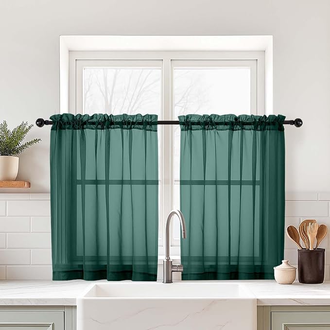 Green Small Sheer Curtains 2 Panels Set, Kitchen Curtains 36 Inch Length by Home