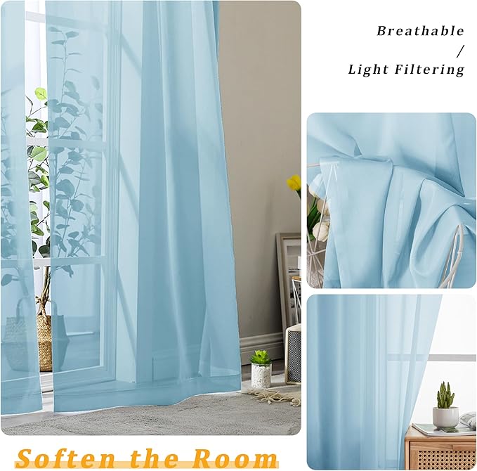Gwine Sky Blue Sheer Curtain Tiers 24 Inch Length, Light Filtering Voile Short - Image 4