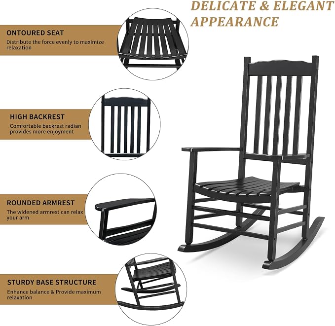 Outvita Outdoor Rocking Chair, Solid Wood High Back Rocker, All Weather Lounge - Image 4