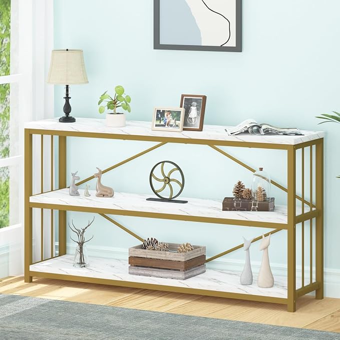 LVB White 3 Tier Console Table, Modern Faux Marble Gold Sofa Entryway Table - Image 8