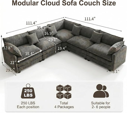 111.4" V-Shaped Corner Couch Sectional｜5 Seat Customizable Modular Cloud - Image 2