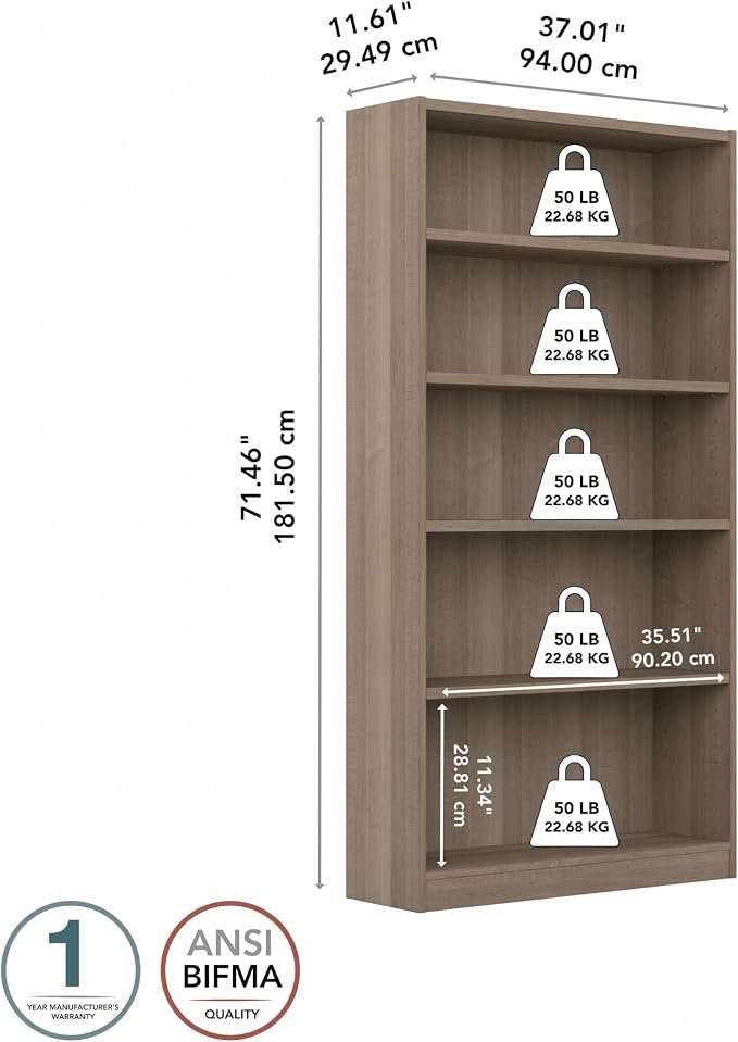 Bush Home Tall 5 Shelf Bookcase, 5 Tier Bookshelf Storage Cabinet - Image 3