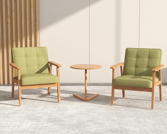 Modern Accent Chair with Wooden Table, Upholstered Linen Fabric Leisure Chair - Image 3