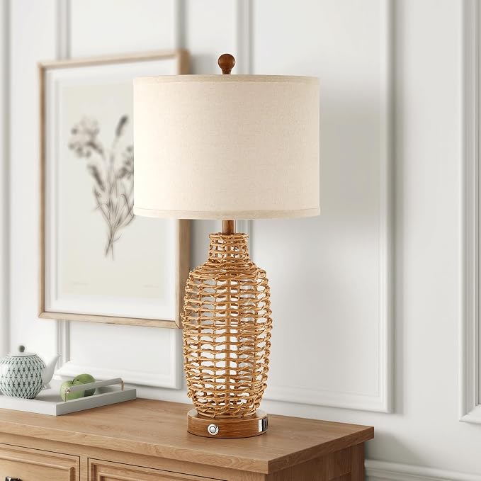 Rattan Table Lamps Set of 2 Wicker Lamps 3 Way Dimmable Touch Control Farmhouse - Image 9