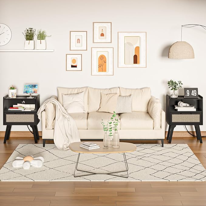 Lerliuo Rattan Nightstand with Charging Station, Cane Accent Side End Table - Image 7