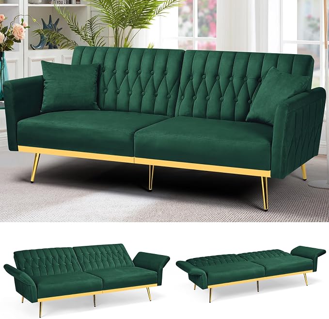70” Velvet Futon Sofa Bed w/Adjustable Backrests and Armrests, Convertible by ACMEASE