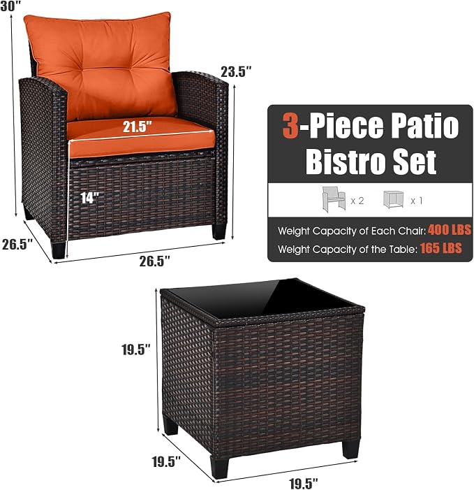 COSTWAY 3PCS Patio Furniture Set, PE Rattan Wicker Sofa w/Washable Cushion and - Image 5