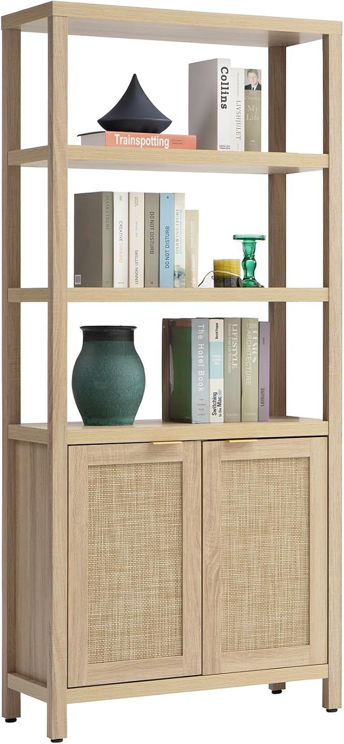 SICOTAS Bookshelf 5 Tier Book Shelf Rattan Boho 71" Tall Bookcase by SICOTAS