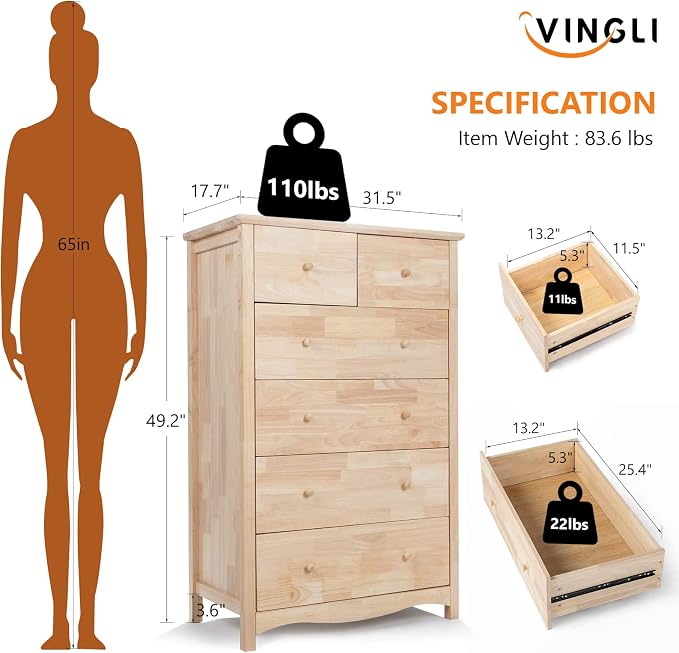 VINGLI Unfinished 6 Drawer Dresser, Natural Solid Wood Dresser Color DIY - Image 2