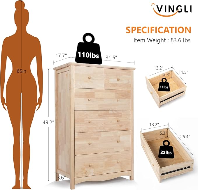 VINGLI Unfinished Natural Solid Wood 6 Drawer Dresser - Image 3