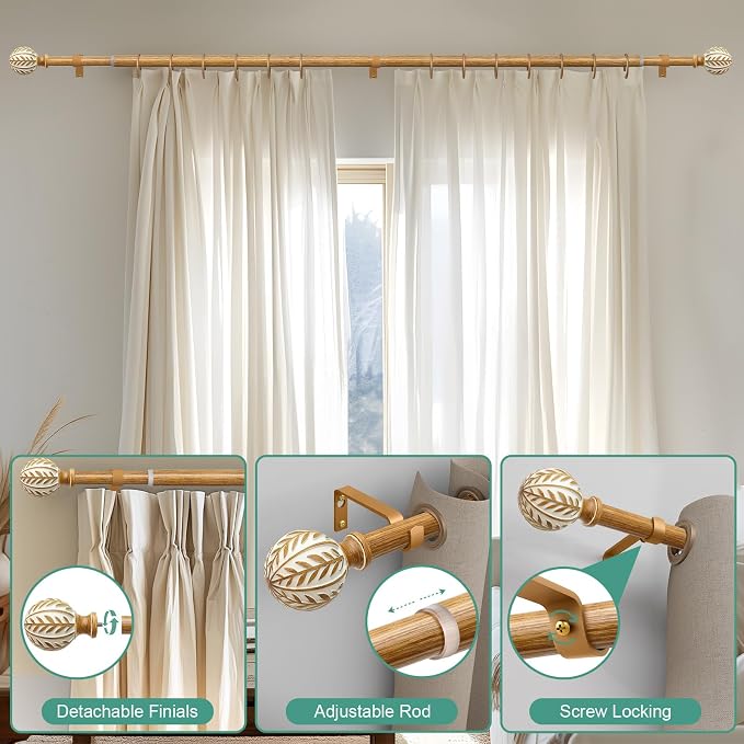 QDWIS Boho Wood Curtain Rods for Windows 66 to 120 inch, Rustic Decorative - Image 9