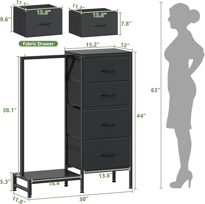 HIGDBFE Dresser with Hanging Rack, 4 Drawers Small Closet - Image 3