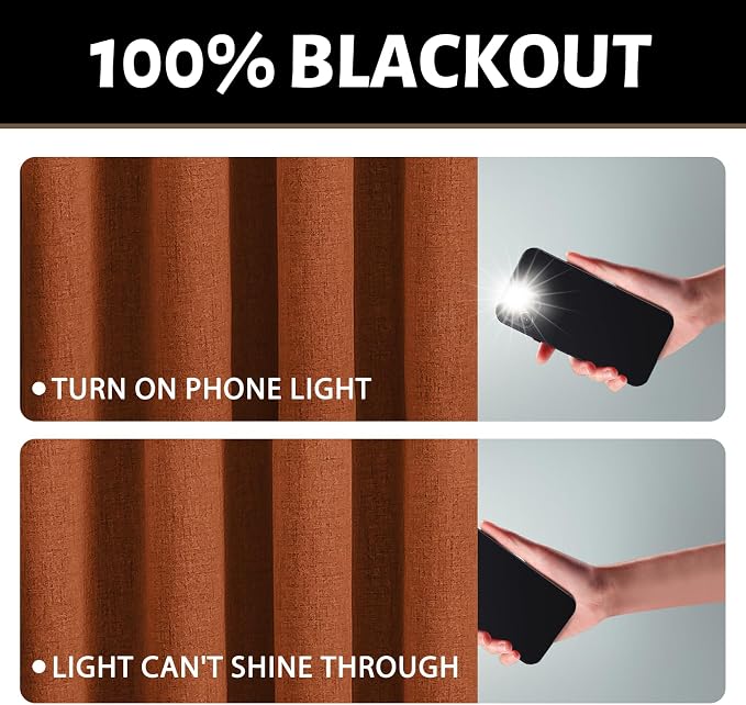 Yakamok Burnt Orange Linen Curtains 100% Blackout 84 Inches Long, Room - Image 2
