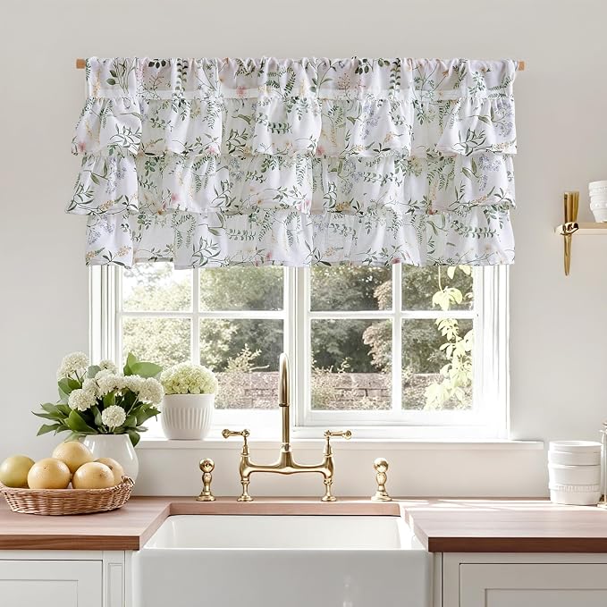 jinchan Ruffled Floral Valance Linen Shabby Chic Small Window Curtain 18 Inch - Image 2