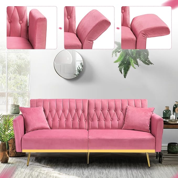 70” Velvet Futon Sofa Bed with 2 Pillows and Adjustable Armrests, Convertible - Image 6