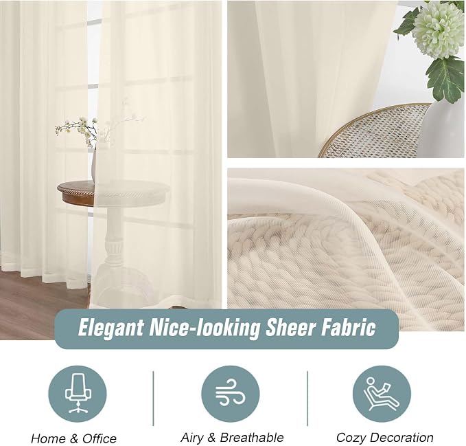 Cream Sheer Curtains for Window 96 Inches Long 2 Panels Set, Soft Airy Light - Image 4