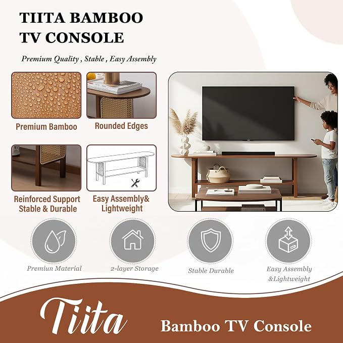 Tiita TV Stand with Storage for TVs up to 65'', Bamboo TV Console Entertainment - Image 9