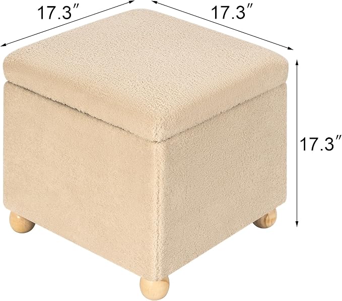 Adeco 17.3" Modern Oatmeal Teddy Velvet Storage Ottoman, Upholstered Cube Foot - Image 2