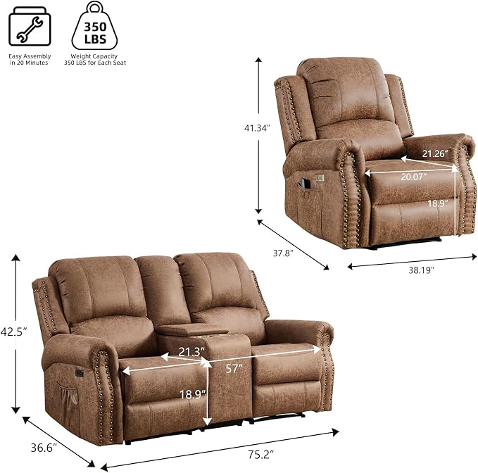 EBELLO 2-Piece Manual Recliner Sofa Set, Faux Leather Message Single Recliner - Image 2