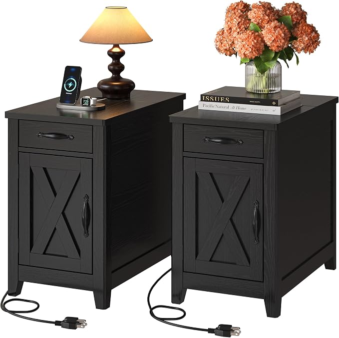 IRONCK End Table with Charging Station, Narrow Side Table by IRONCK