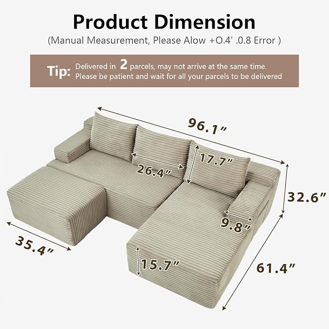 96" Cloud Sectional Couch U-Shaped Chaise - Image 2