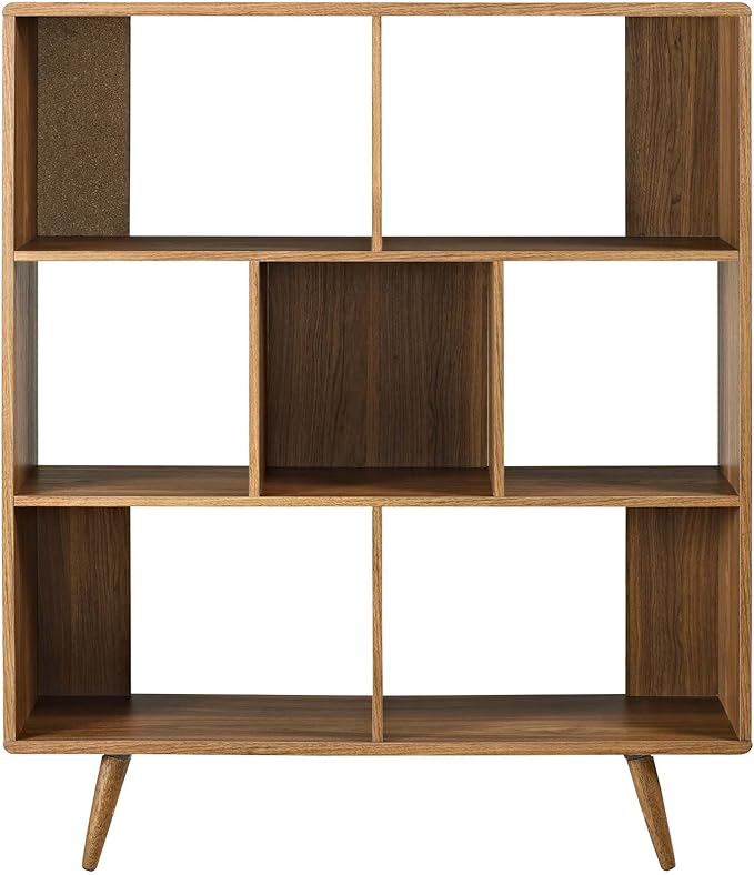 Modway Transmit Mid-Century Offset Cube Wood 7 tier Bookcase in Walnut - Image 4