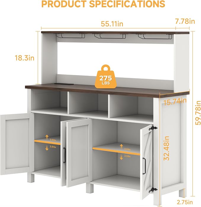 Buffet Sideboard with Storage Hutch with Power Outlets 4 Doors, Large Farmhouse - Image 2