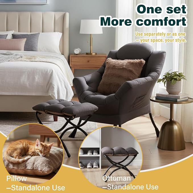 Lazy Chair with Ottoman, Large Accent Chair with Ottoman and a Throw Pillow - Image 5