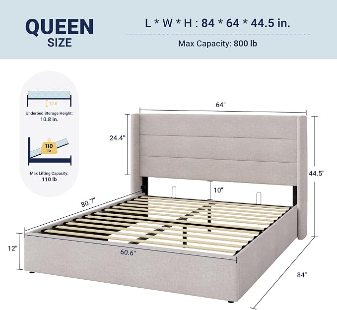 Allewie Queen Size Lift Up Storage Bed, Modern Wingback Headboard, Hydraulic - Image 2