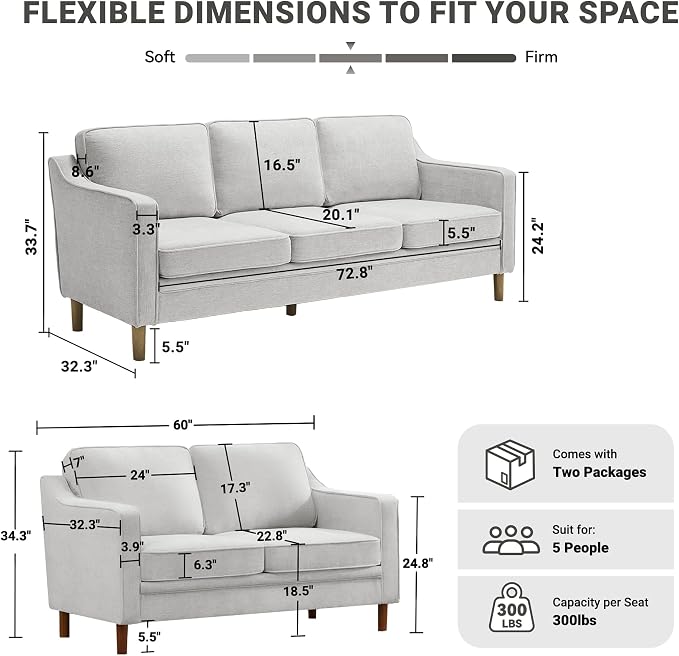 Kingfun Living Room Furniture Sets, 3 Seater Couch and Loveseat, Mid Century - Image 2