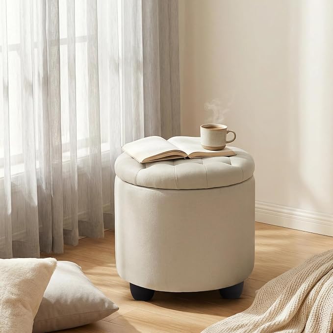 Furniliving Modern Round Storage Ottoman, Button Tufted Ottoman Foot Stools - Image 8