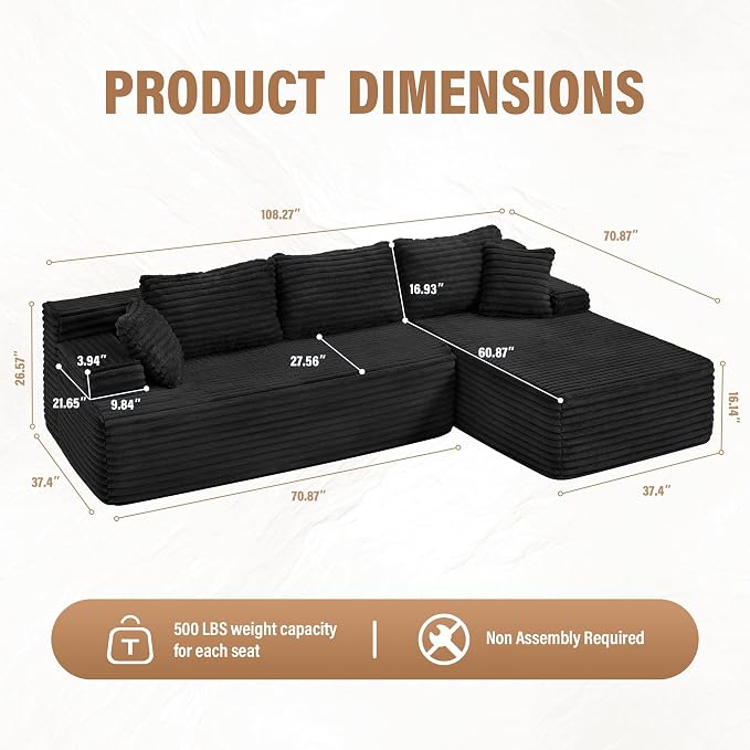 Hobestluk Modular Sectional Sofa Couches L-Shape Couch 3 Seat Modular Sofa - Image 2