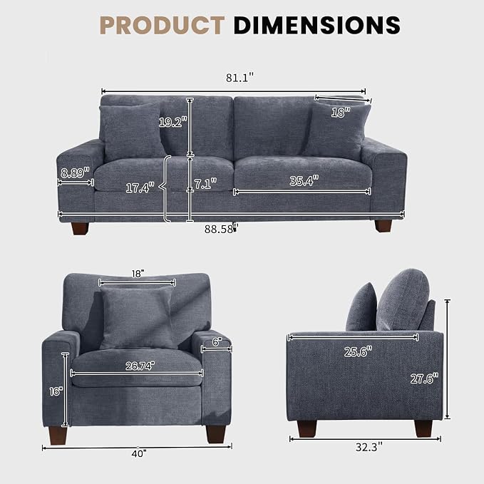 DOPEDIO Modern Living Room Sofa Set, 88.58" Chenille Loveseat - Image 2