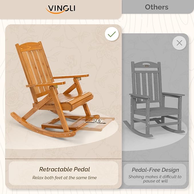 VINGLI Wooden Porch Rocking Chair, Heavy Duty Outdoor Rocking Chair - Image 5