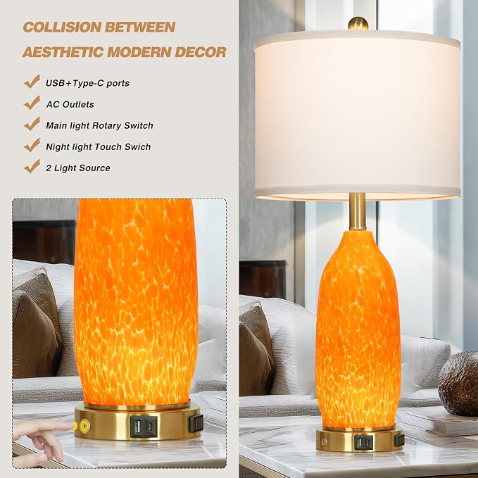 Rinweey 26" Modern Orange Glass Table Lamp Set of 2, Bedside Lamps - Image 6