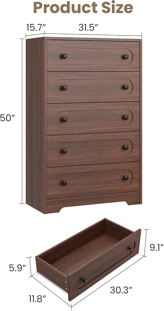 Garvee 5 Drawer Dresser for Bedroom, Wooden Mid Century Modern Chest of Drawers - Image 2