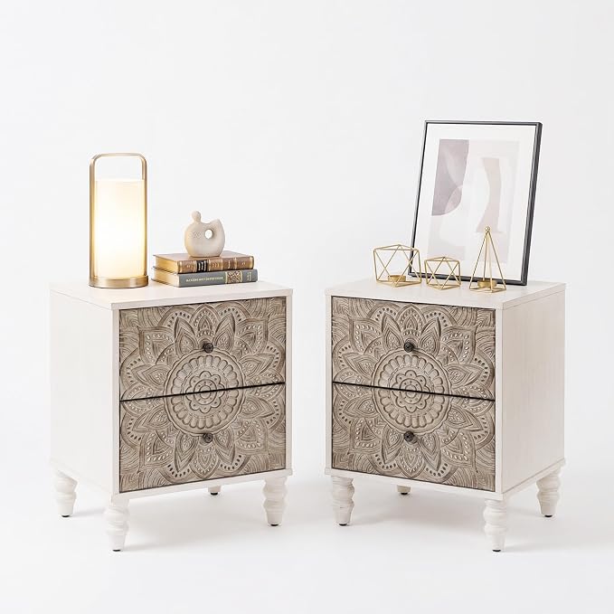 SUNBURY Vintage Wooden Nightstand Set 2, Wood Accent Table by SUNBURY