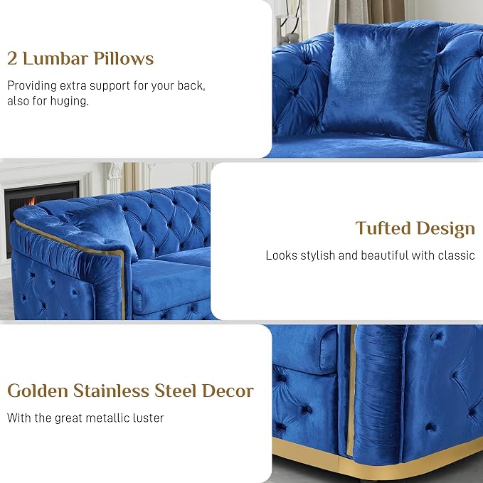 DAMAIFROM Luxury Velvet Couch Set Blue and Gold Sofa, Mid Century Modern - Image 4