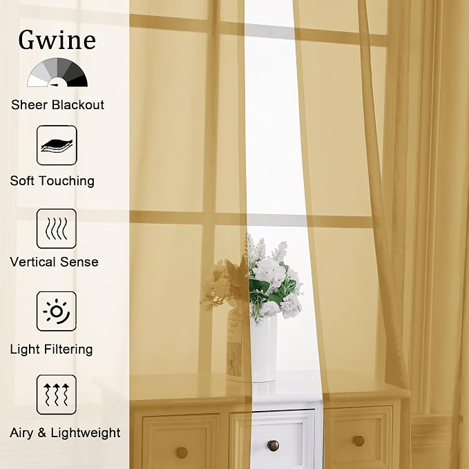 Gwine Gold Sheer Curtains 84 Inches Long 2 Panels Set - Image 2