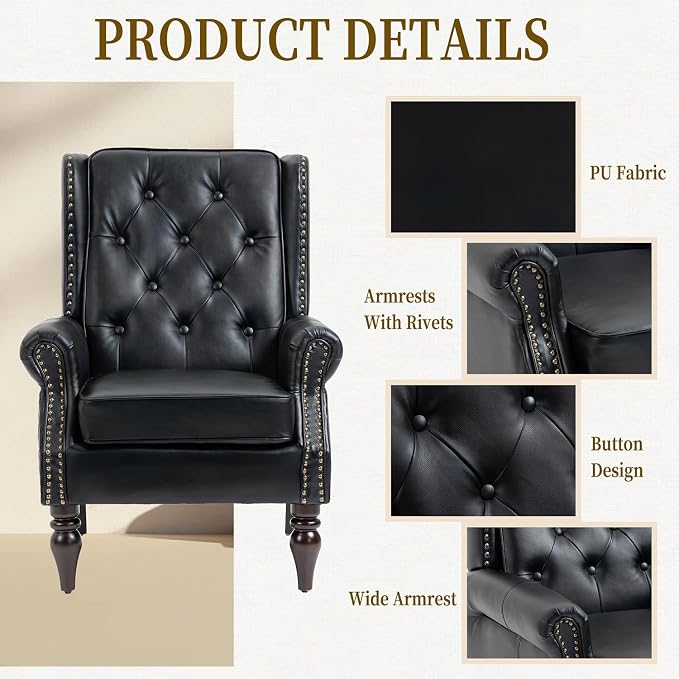 Mid-Century Wingback Chairs Set of 2, Faux Leather Accent Chairs Armchair - Image 4