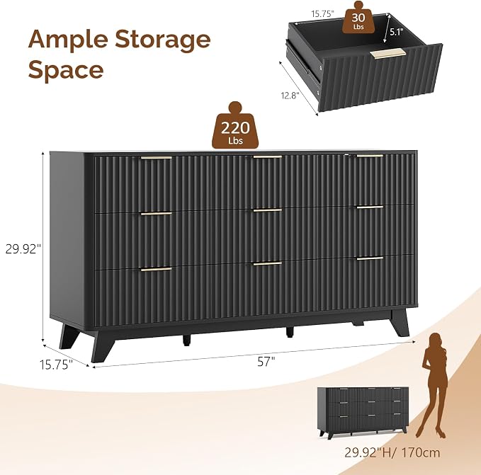 VINGLI Black Dresser 9 Drawer, Fluted Dresser - Image 2
