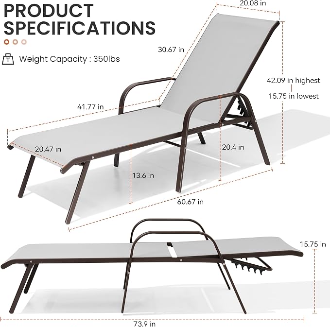 Crestlive Products Outdoor Chaise Lounge Chair, 5-Position Pool Lounge Chairs - Image 2