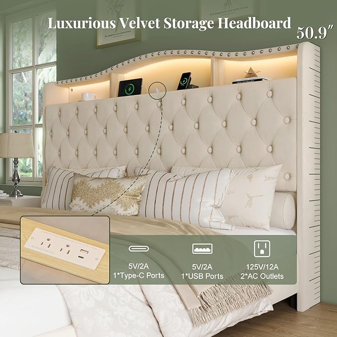 Belffin King Size Bed Frame and Headboard, 50.9" Velvet Upholstered Wingback - Image 3